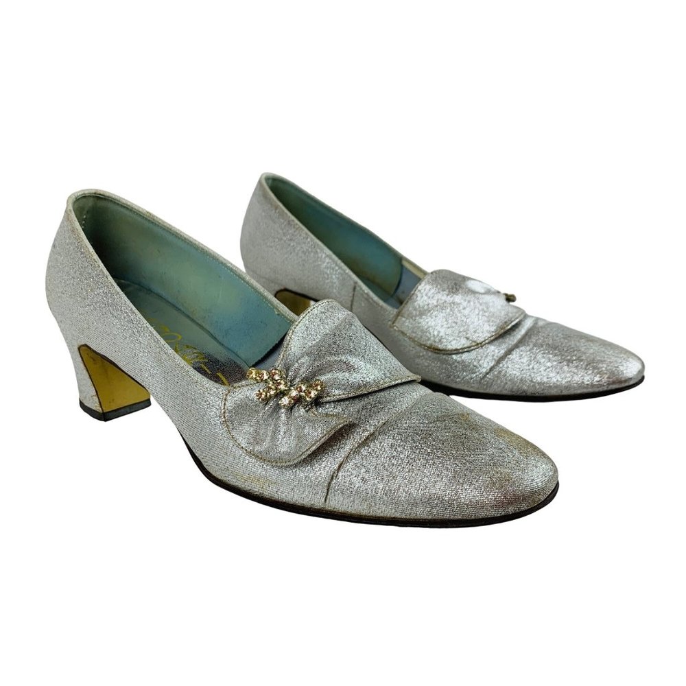 Vintage 1960s Silver Metallic Rhinestone Chunky Heels Mandarins Cocktail Party S